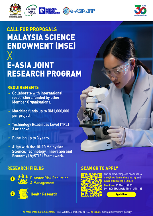 eposter CALL FOR PROPOSAL MALAYSIA SCIENCE ENDOWMENT X E ASIA JOINT RESEARCH PROGRAMME