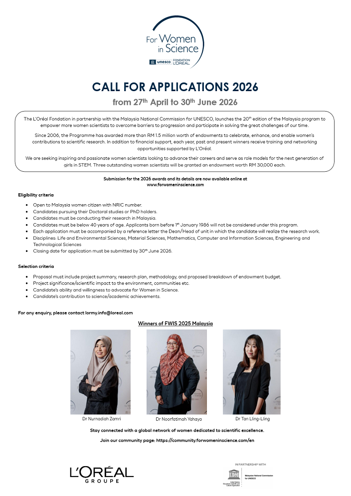 eposter LOréal UNESCO FOR WOMEN IN SCIENCE MALAYSIA 2026