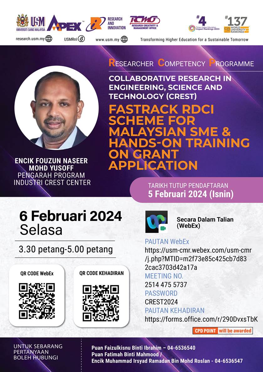 eposter RCP CREST FASTRACK RDCI SCHEME FOR MALAYSIAN SME HANDS ON TRAINING ON GRANT APPLICATION